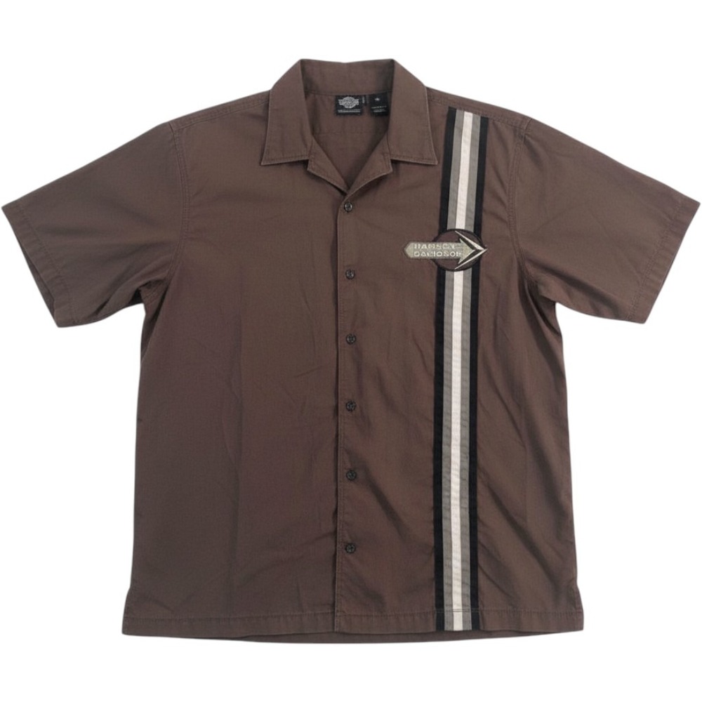 Harley-Davidson Mens XL Brown Racing Stripe Embroidered Logo Button Up Shirt
